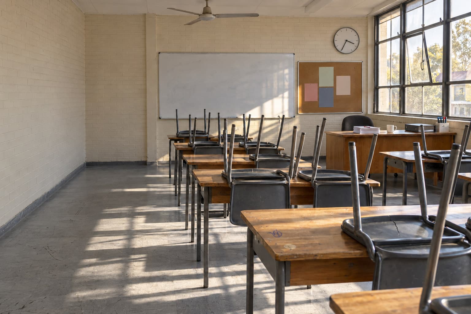 An empty classroom at the end of the school day, chairs up on the desks