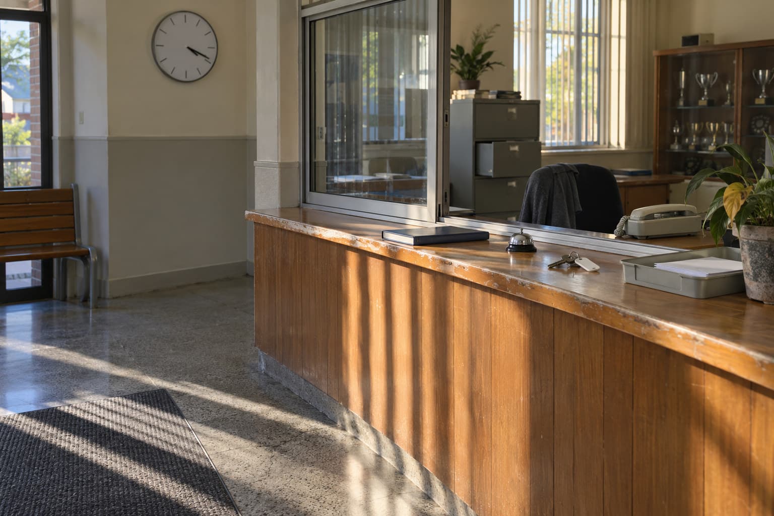 A school reception counter after hours in afternoon light